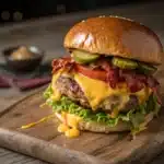 Juicy Bacon Cheddar Burger with toppings