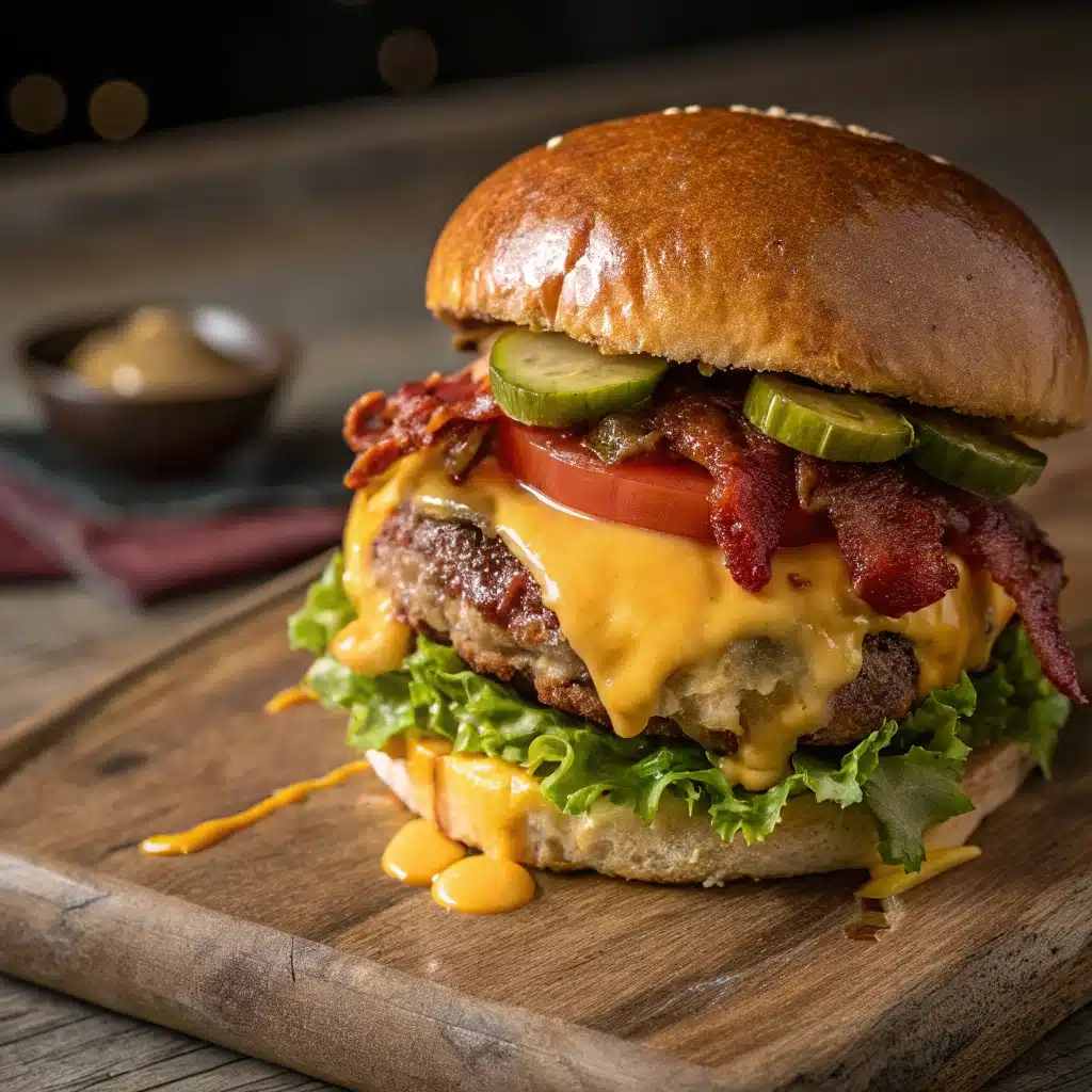Juicy Bacon Cheddar Burger with toppings
