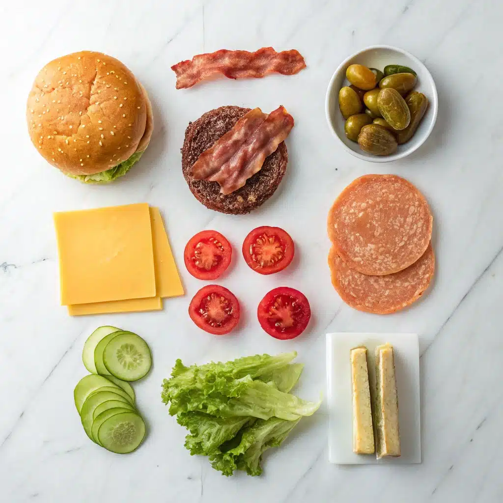 Burger ingredients laid out on counter