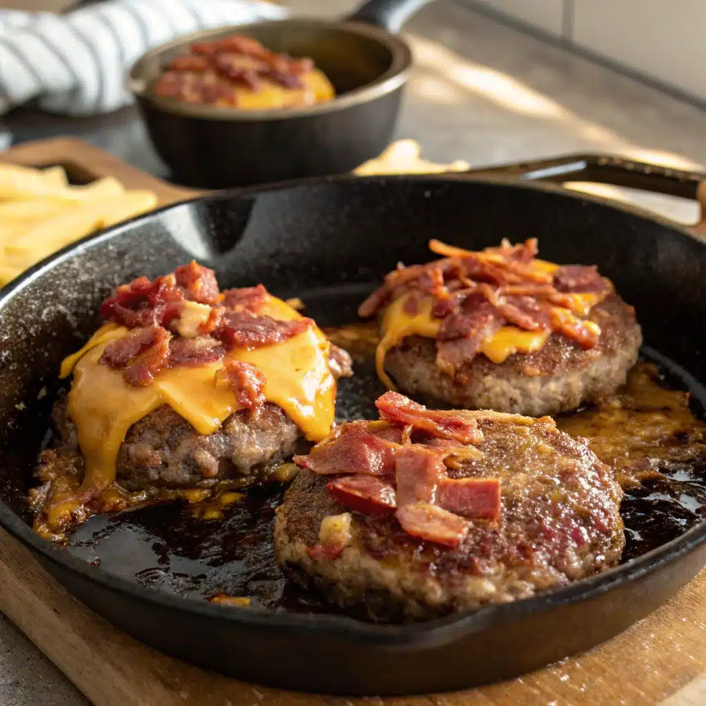 Sizzling beef patty with cheddar and bacon