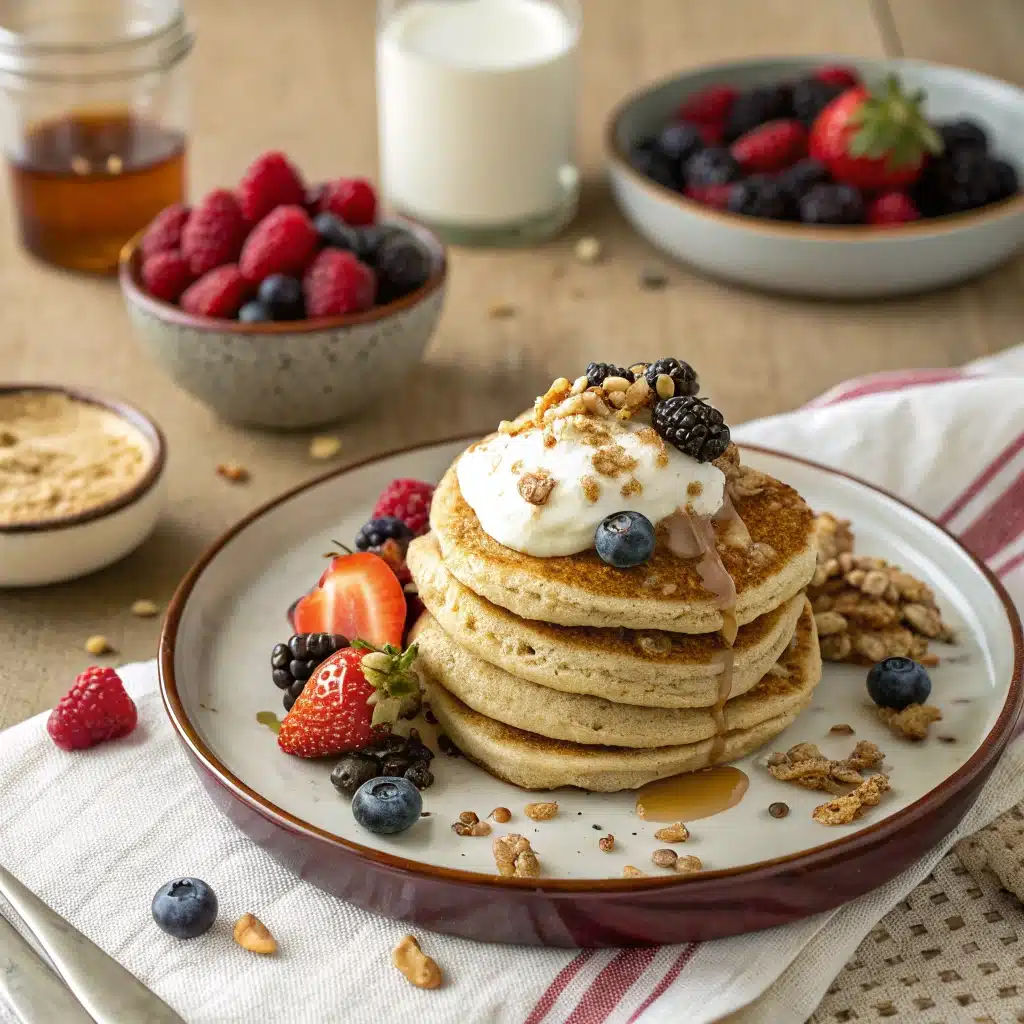 Pancakes served with yogurt and berries