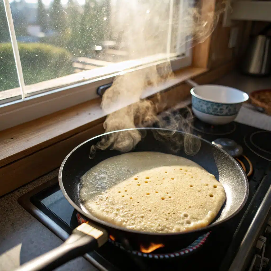 Protein pancake cooking in pan