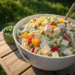 Bowl of creamy macaroni salad with Greek yogurt