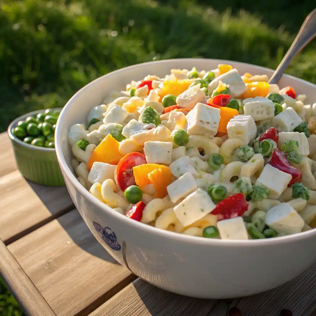 Bowl of creamy macaroni salad with Greek yogurt